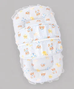 Foldable Cotton Mosquito Net Bedding Set - 95x55cm - Light Blue with Cute Teddy and Duck - BS1 - Image 2