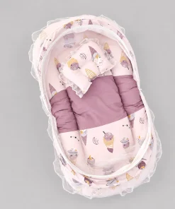 Foldable Cotton Mosquito Net Bedding Set - 95x55cm - Light Pink with Ice Cream - BS1