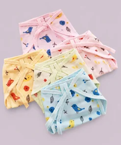 Muslin Double Layer Knot Nappy - Assorted Pack of 5 - Color with Sparrow and Leaf - NP01