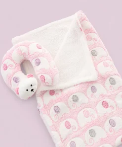 Soft Wrap/Blanket with Neck Pillow(72x94cm) - Pink Elephant - Image 2