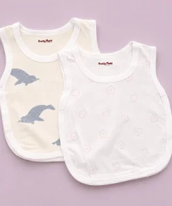 Side Button Jhabla Sleeveless - Set Of 2 - Off White with Seel and White with Flower - JH1