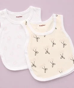 Side Button Jhabla Sleeveless - Set Of 2 - Light Cream Cherry and White with Flower - JH1