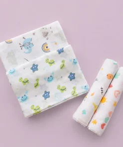Single-Layer Muslin Swaddle (Set of 4) 100x100cm - Elephant - Turtle - Happy Heart - Color Sparrow- SW1