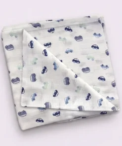 Single-Layer Muslin Swaddle (Set of 4) 100x100cm - Blue Car - Yellow Sparrow - Pink Flower - Crocodile - SW1 - Image 5