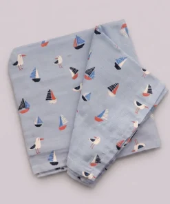 Single-Layer Muslin Swaddle (Set of 4) 100x100cm - Green Teddy - Blue White Lines - Whale - Blu Boat - SW1 - Image 2