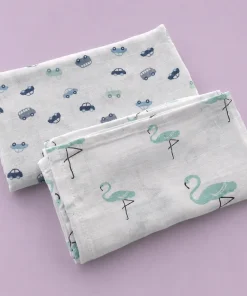 Single-Layer Muslin Swaddle (Set of 2) 100x100cm - Blue Car and Blue Flamingo - SW1