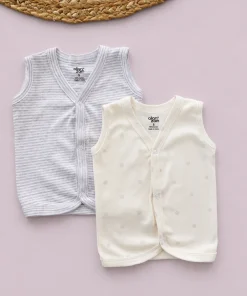 Sleeveless Jhabla Front Button(Pack of 2) - Grey Strip and Light Cream - JH1
