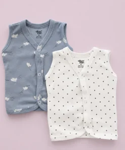 Sleeveless Jhabla Front Button(Pack of 2) - Blue with Helicopter and Off White with Black Dot - JH1