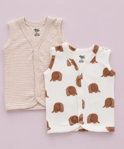 Sleeveless Jhabla Front Button(Pack of 2) - Brown Strip and Brown Elephant - JH1