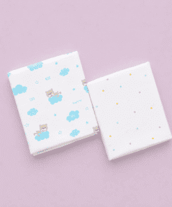 Organic Muslin Cotton Bath Towel - 70x70cms - Blue Cloud with Teddy and Color Dot - BT1