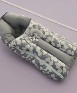 Premium Baby Carry Nest and Wrapper (62x30cm) - Gray with White Flower - KW1