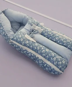 Premium Baby Carry Nest and Wrapper (62x30cm) - Blue with White Small Floral - KW1