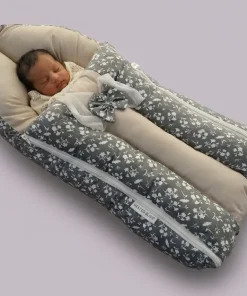 Premium Baby Carry Nest and Wrapper (62x30cm) - Gray White Small Floral - KW1 - Image 2