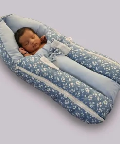 Premium Baby Carry Nest and Wrapper (62x30cm) - Blue with White Small Floral - KW1 - Image 2