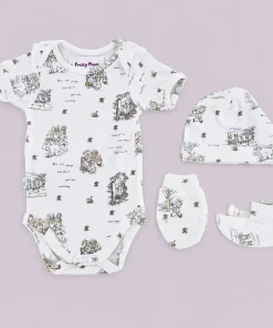Premium Half-Sleeve Romper and Cap Set Combo - White with Rabbits - AZBS
