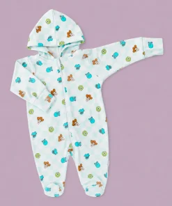 Hooded Sleeping Suit - White Green Check with Toys Character - SS1