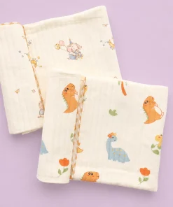 Soft Cotton Baby Blanket (Pack of 2) - Cream with Dinosaurs and Baby with Elephant - BL1