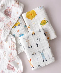 Baby Muslin Cotton Bath Towel Pack Of 4 (50x100cm) - Pink Rabbit , Color Cars , Space , Gray Rabbit  - BT1
