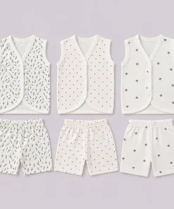 Knitted Cotton Jhabla and Shorts Set -Pack of 3- Leaf, T & Red dot - JS1