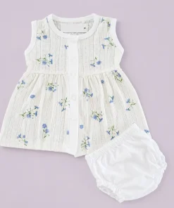 Sleeveless Combed Cotton Frock -Blue Floral  - DFK1