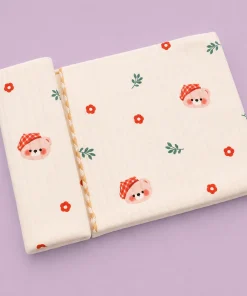 Soft Cotton Baby Blanket - Cream with Teddy Head and Red Flower - BL1