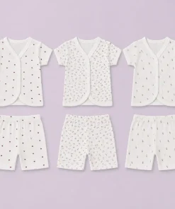 Knitted Cotton half Sleeve Jhabla and Shorts Set -Pack of 3- Heart, Pink and red Flower- JS1