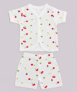 Knitted Cotton half Sleeve Jhabla and Shorts Set -Pack of 2- Cherry and Blue Flower- JS1 - Image 3