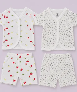 Knitted Cotton half Sleeve Jhabla and Shorts Set -Pack of 2- Cherry and Blue Flower- JS1