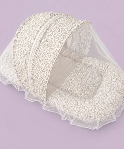 Foldable Cotton Mosquito Net Bedding Set - 95x55cm - White with Khaki Leaf - BS1