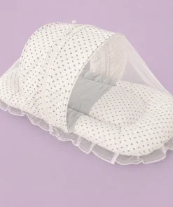 Foldable Cotton Mosquito Net Bedding Set - 95x55cm - White with Black Leaf- BS1