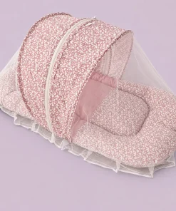 Foldable Cotton Mosquito Net Bedding Set - 95x55cm - Mauve Pink with White Leaf - BS1