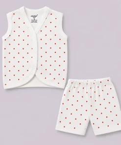 Knitted Cotton Jhabla and Shorts Set -Pack of 3- Leaf, T & Red dot - JS1 - Image 3
