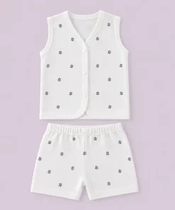 Knitted Cotton Jhabla and Shorts Set -Pack of 3- Leaf, T & Red dot - JS1 - Image 4