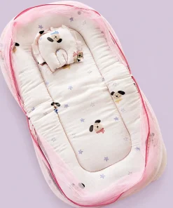 Foldable Muslin Bedding Set - Pink with Dog Head and Star- BS1
