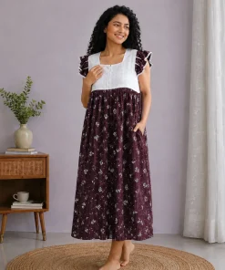 Maternity Feeding Nighty with Lace - Dark Wine with Strip and Floral - MFN