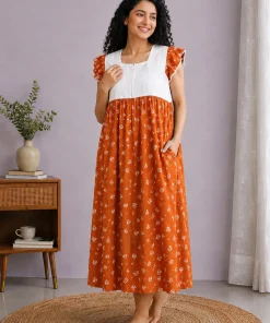 Maternity Feeding Nighty with Lace - Brick Red with Strip and Floral - MFN