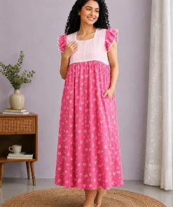 Maternity Feeding Nighty with Lace - Pink with Strip and Floral - MFN