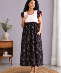 Maternity Feeding Nighty with Lace - Black and Floral - MFN