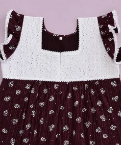 Maternity Feeding Nighty with Lace - Dark Wine with Strip and Floral - MFN - Image 2