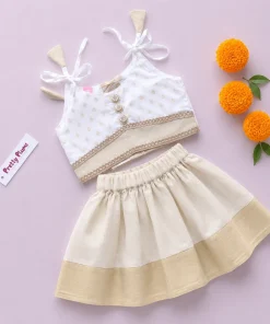 Traditional Kasavu Pattu Pavada and Top - Off White with Golden Print - EFRK - Image 2