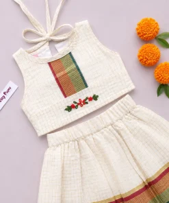 Traditional Kasavu Pattu Pavada and Top - Off White Check with Red and Green Kasavu - EFRK - Image 2