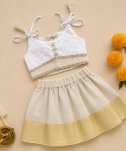 Traditional Kasavu Pattu Pavada and Top - Off White with Golden Print - EFRK