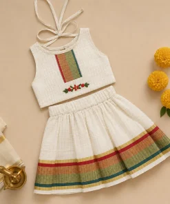 Traditional Kasavu Pattu Pavada and Top - Off White Check with Red and Green Kasavu - EFRK
