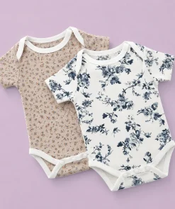 Half sleeve onesie -Pack of 2-Brown and White Floral- RMP1 (3-6M)