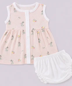 Sleeveless Combed Cotton Frock - Peach Rabbit - DFK1