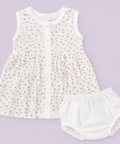 Sleeveless Combed Cotton Frock - Small Pink and green Flower - DFK1
