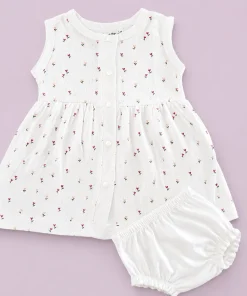 Sleeveless Combed Cotton Frock - Small flower - DFK1
