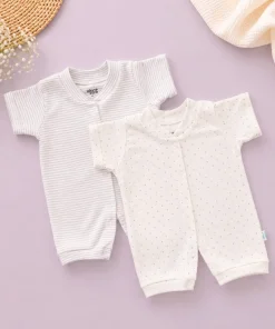 Baby Knitted Cotton Half Romper - Pack of 2 - Grey Strip + Grey Dot - RMP