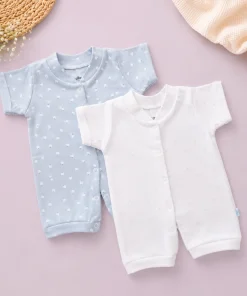 Baby Knitted Cotton Half Romper - Pack of 2 - Blue with Fruit + Blue Star - RMP