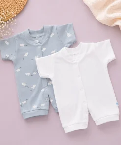 Baby Knitted Cotton Half Romper - Pack of 2 - Blue Airplane + Heart Print - RMP
